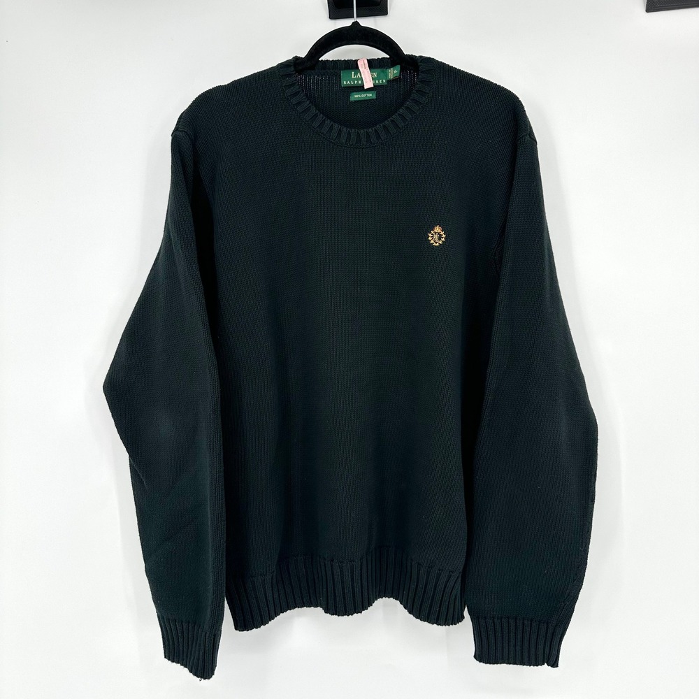 VTG Lauren Ralph Lauren Black Knit Crewneck Pullover Sweater Cotton Preppy XL